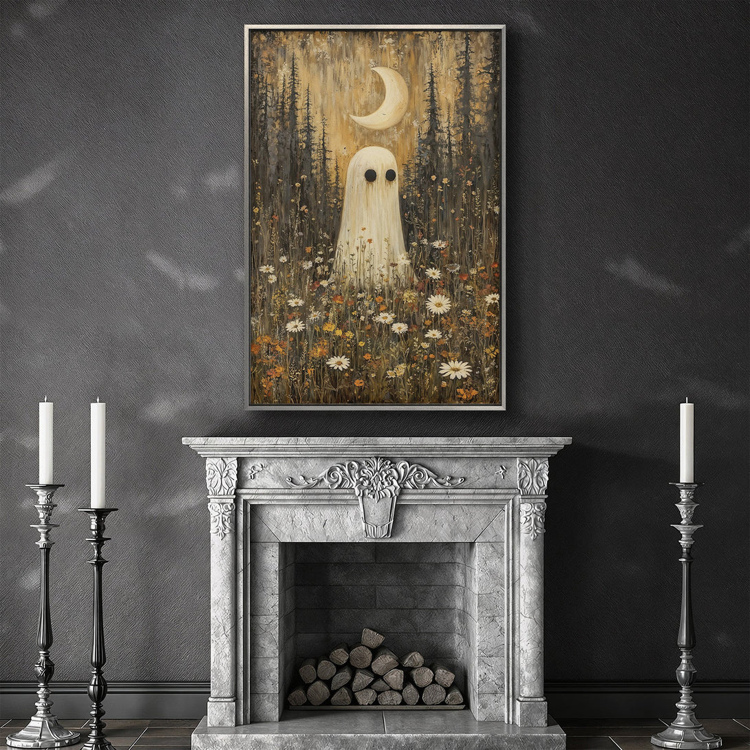 Framed Wall Art featuring a whimsical ghost in a forest scene. Earthy tones and a touch of spooky charm for your home decor.