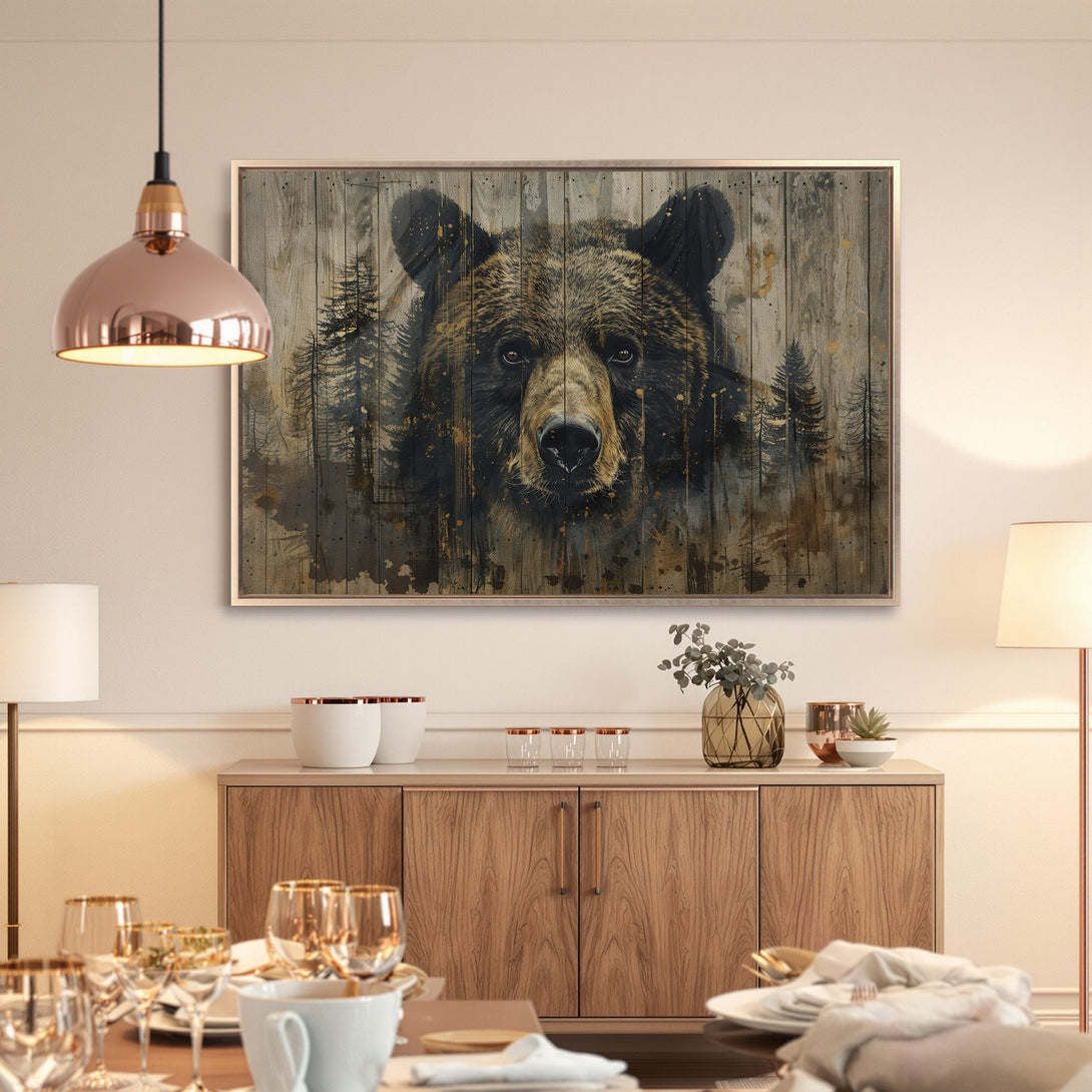 Framed Wall Art: Grizzly bear portrait in rustic style, featuring a neutral color palette with brown and gold accents. Perfect for any home decor!