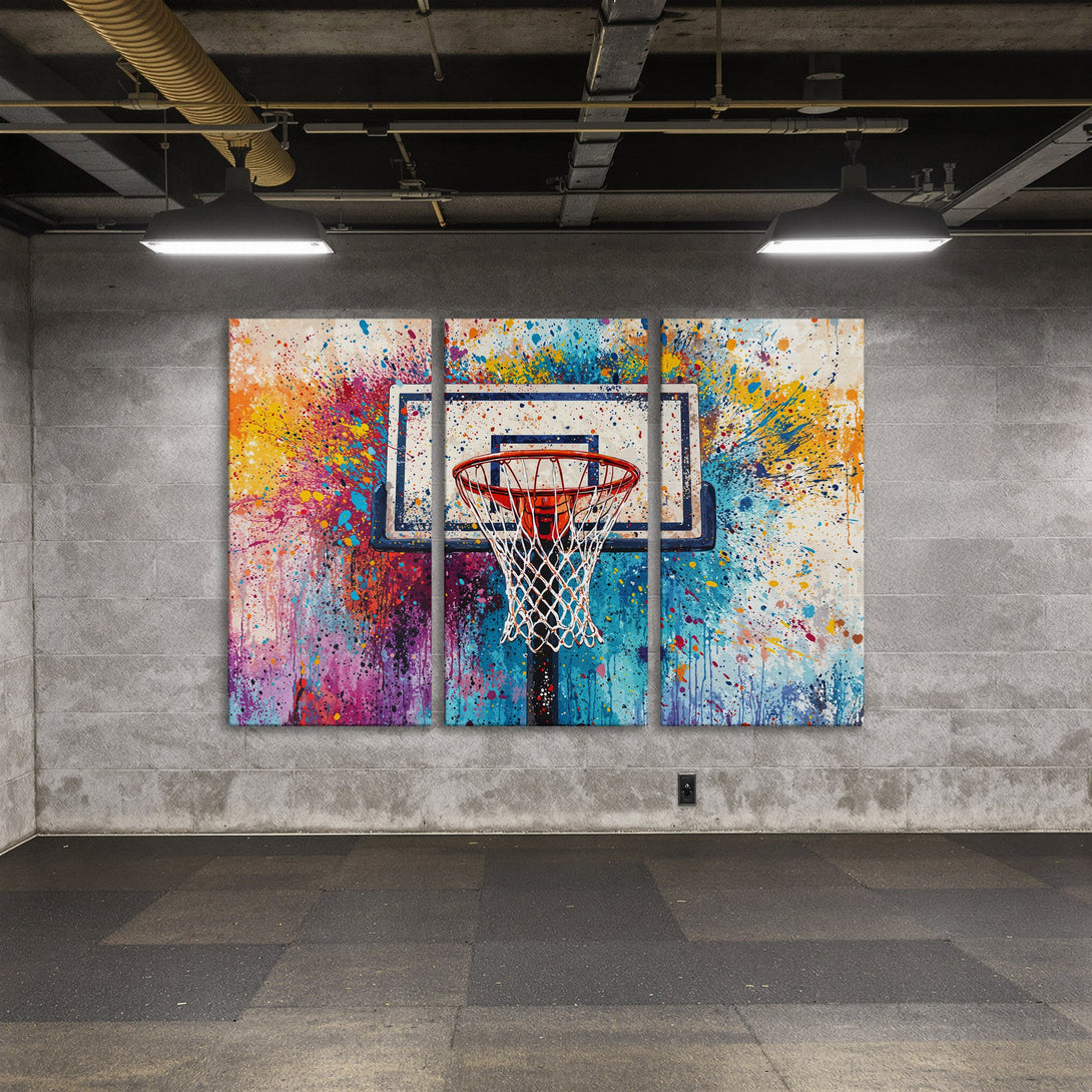 Canvas Print of a basketball hoop with colorful abstract paint splatter art. Modern wall decor with vibrant hues.