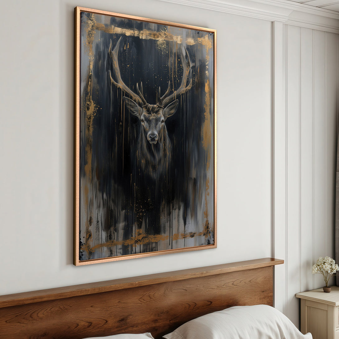 Framed Wall Art featuring a majestic deer in a dark, abstract style with gold accents. Perfect for adding a touch of luxury to any room.