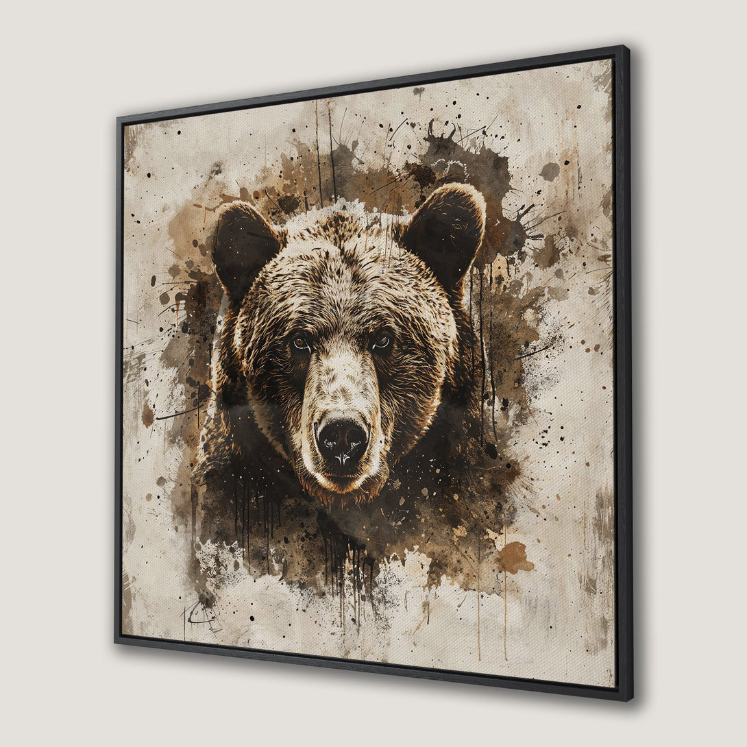 Framed Wall Art: Grizzly bear portrait in an expressive watercolor style. Earthy brown and beige tones create a stunning, rustic aesthetic for your home decor.