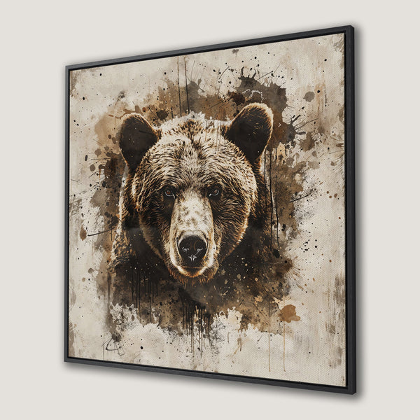 Framed Wall Art: Grizzly bear portrait in an expressive watercolor style. Earthy brown and beige tones create a stunning, rustic aesthetic for your home decor.