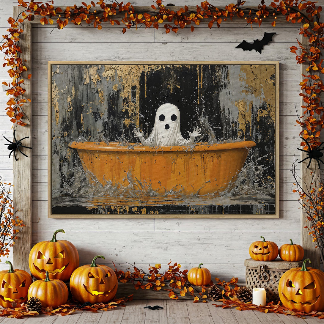 Framed Wall Art: Spooky ghost in a bathtub, abstract style, black, gold, and orange color palette, perfect Halloween decor.