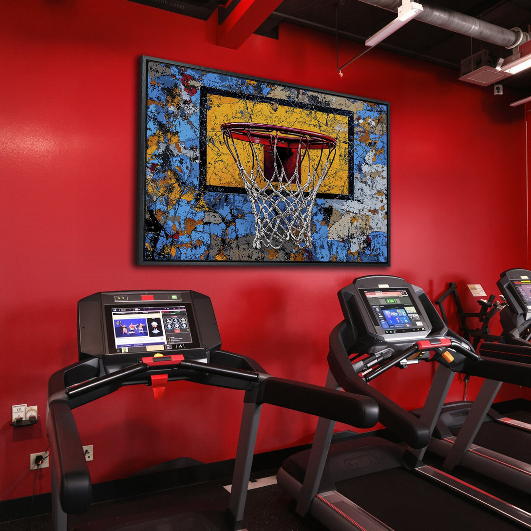 Framed Wall Art: Abstract basketball hoop art with a bold blue, yellow, and red color palette. Perfect for gym decor or sports-themed spaces.