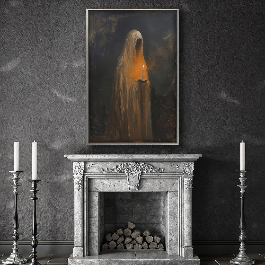 Framed Wall Art: Dark, moody painting of a cloaked figure holding a candle. Warm orange and brown tones contrast against a dark, textured background.
