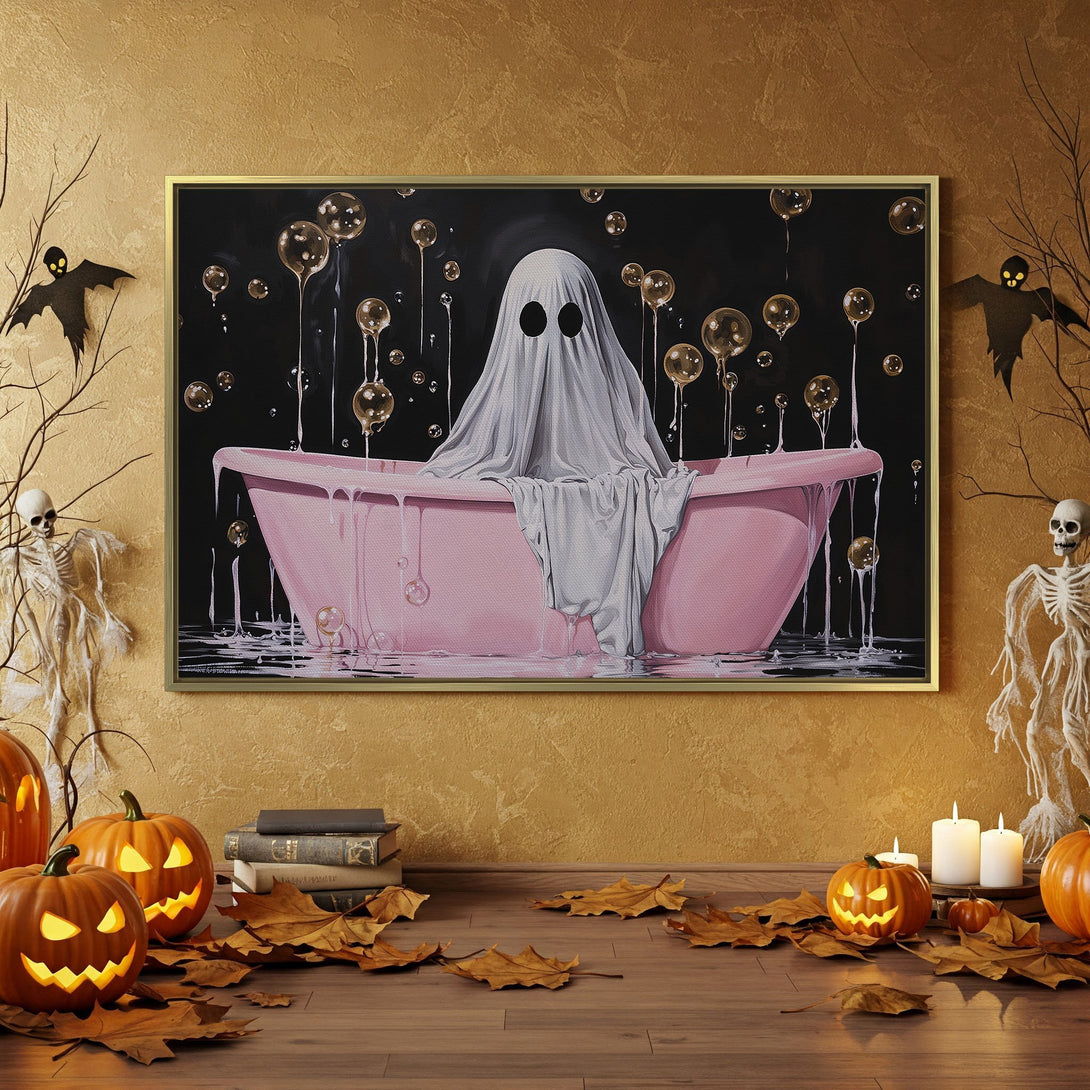 Halloween Canvas Print featuring a ghost in a bathtub, with orange, black, and pink accents. Spooky wall art for your home!