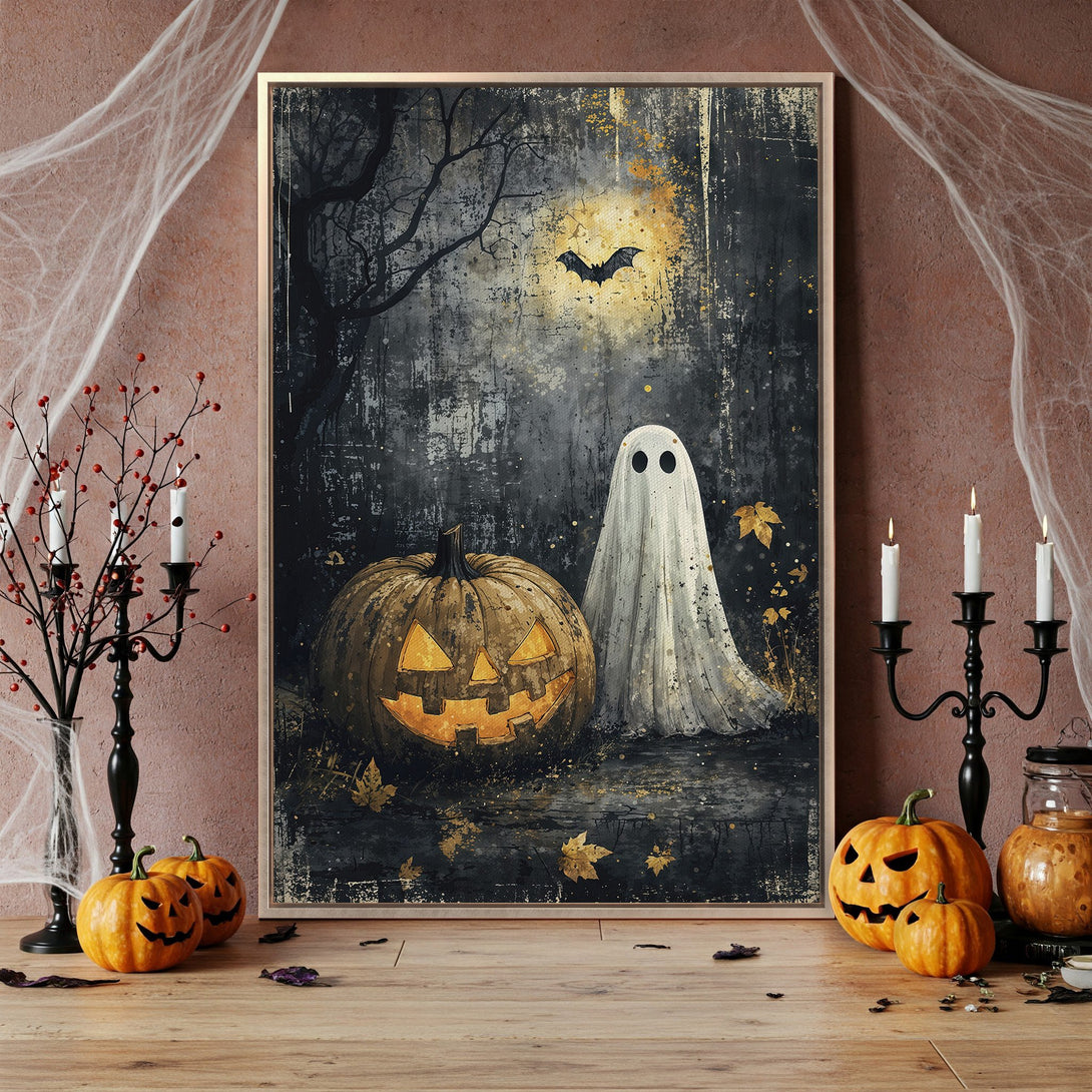 Framed Wall Art: Spooky Halloween scene with a ghost, jack-o'-lantern, and bat. Dark, moody color palette. Perfect for adding a touch of frightful fun!