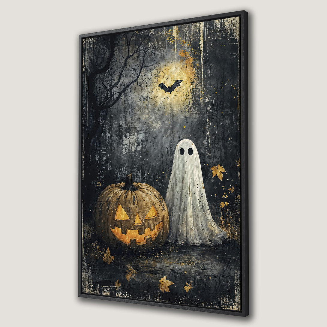 Framed Wall Art: Spooky Halloween scene with ghost, pumpkin, and bat in a dark, textured style with gold accents. Perfect for seasonal decor!