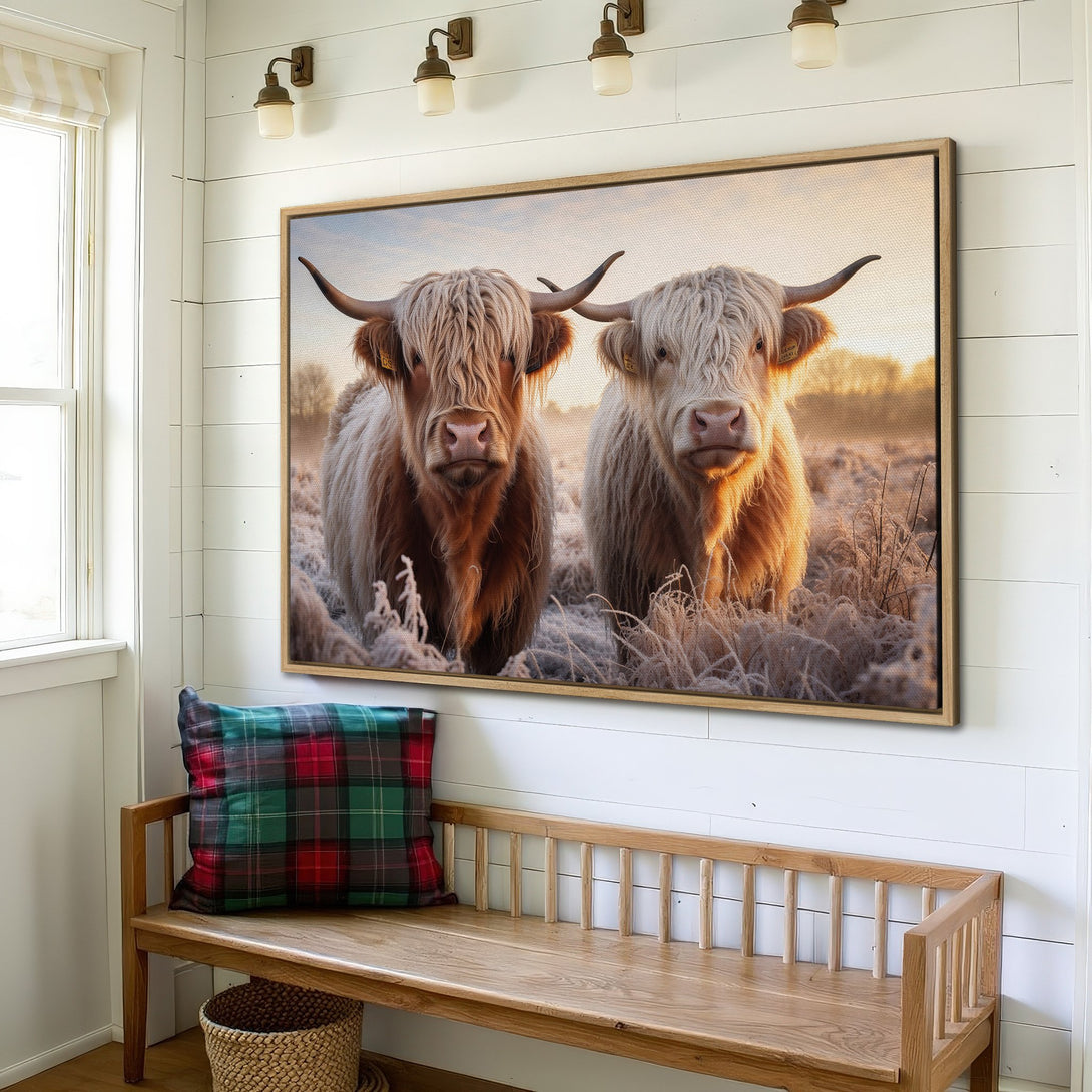 Framed Wall Art featuring two Highland cows in a field, warm color palette. Rustic farmhouse decor. Bring the beauty of nature into your home!