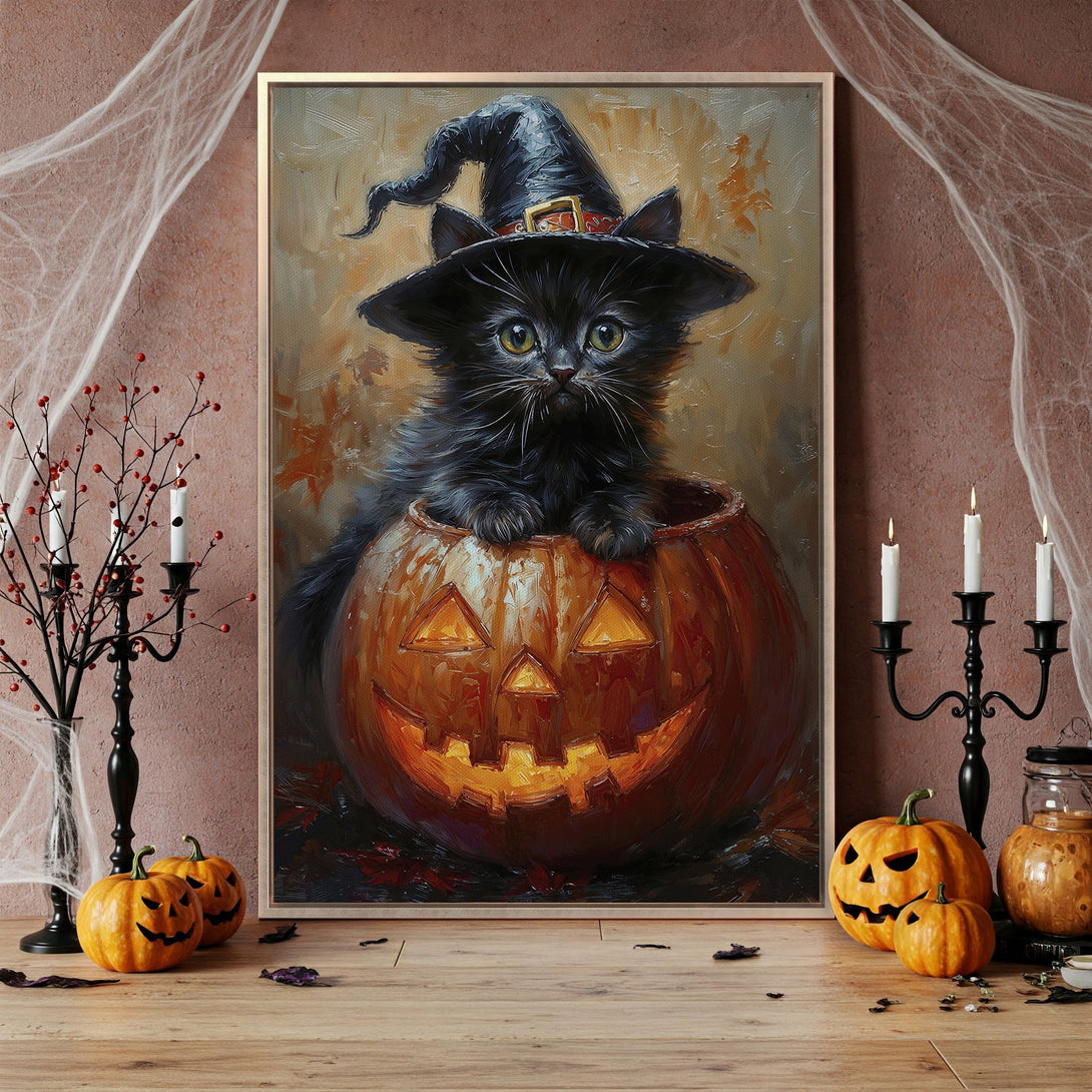 Framed Wall Art: Adorable black cat in witch hat inside a pumpkin. Warm autumnal colors, perfect for Halloween decor. Add spooky charm to your space!