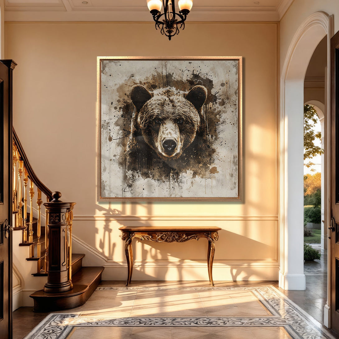 Framed Wall Art featuring a majestic bear portrait in a watercolor style, displayed in a luxurious interior with a warm, neutral color palette.