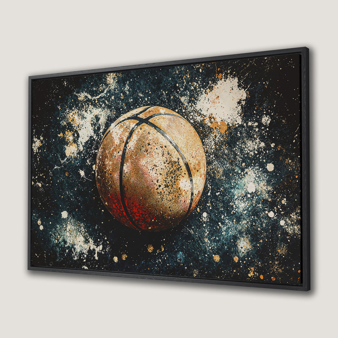 Framed Wall Art: Abstract basketball art in a dark color palette with teal, orange, and white paint splatters. Perfect for sports fans!