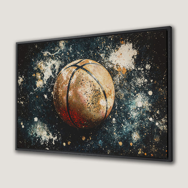 Framed Wall Art: Abstract basketball art in a dark color palette with teal, orange, and white paint splatters. Perfect for sports fans!