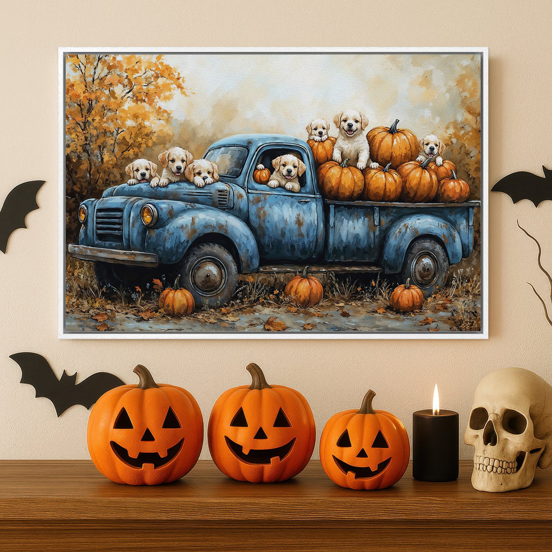 Framed Wall Art: Adorable puppies in a blue truck with pumpkins, fall colors. Perfect autumn decor for your home!