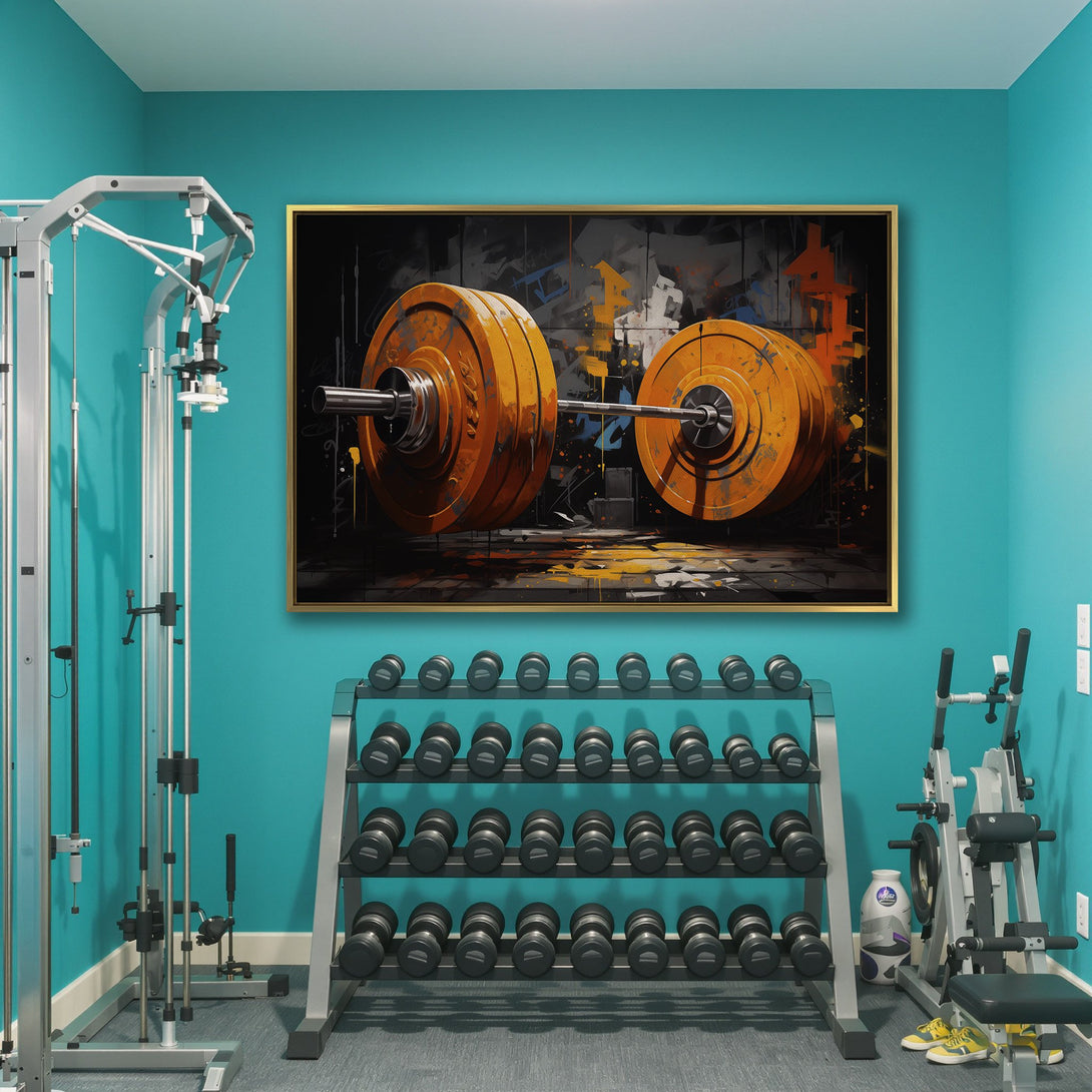 Canvas Print of a barbell in a gym, abstract style with orange and black color palette. Perfect wall art for fitness enthusiasts!