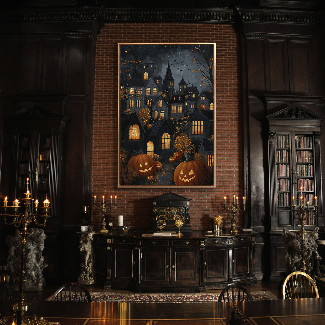 Framed Wall Art: Spooky Halloween town scene in a dark, moody style. Features a black, orange, and gold color palette, perfect for seasonal decor.