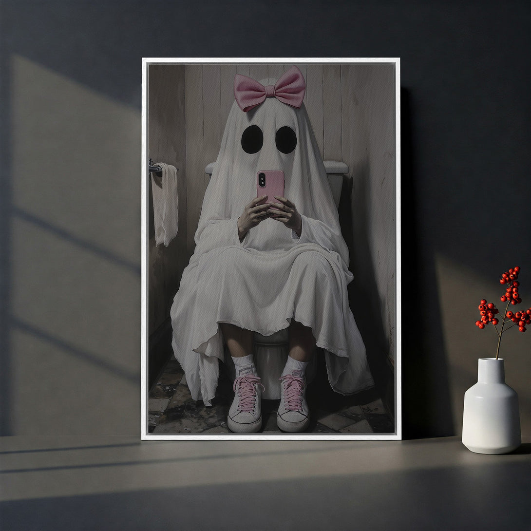 Framed Wall Art featuring a whimsical ghost in a bathroom, with a pink bow & phone. Monochrome style with pops of pink, perfect for modern decor.