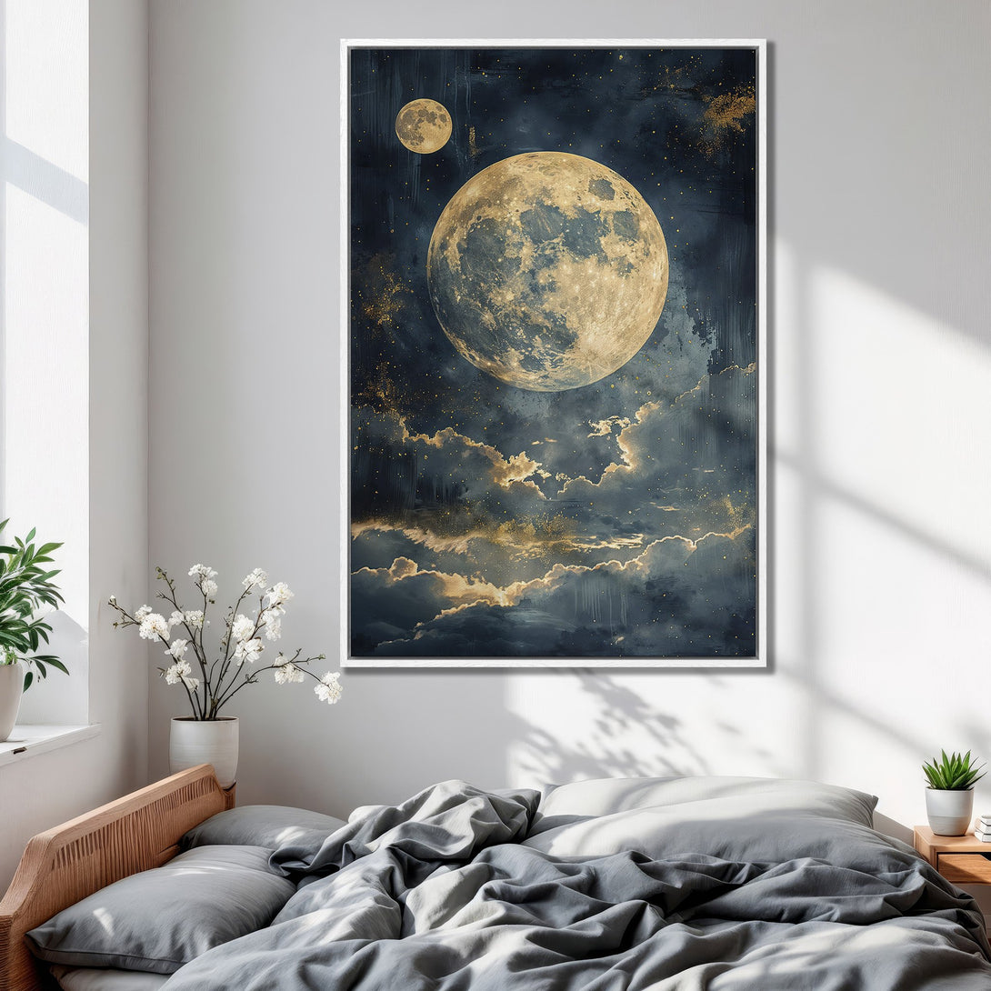 Framed Wall Art: Celestial moon art in a bedroom. Dark blue and gold color palette. Modern abstract style. Perfect for bedroom decor.