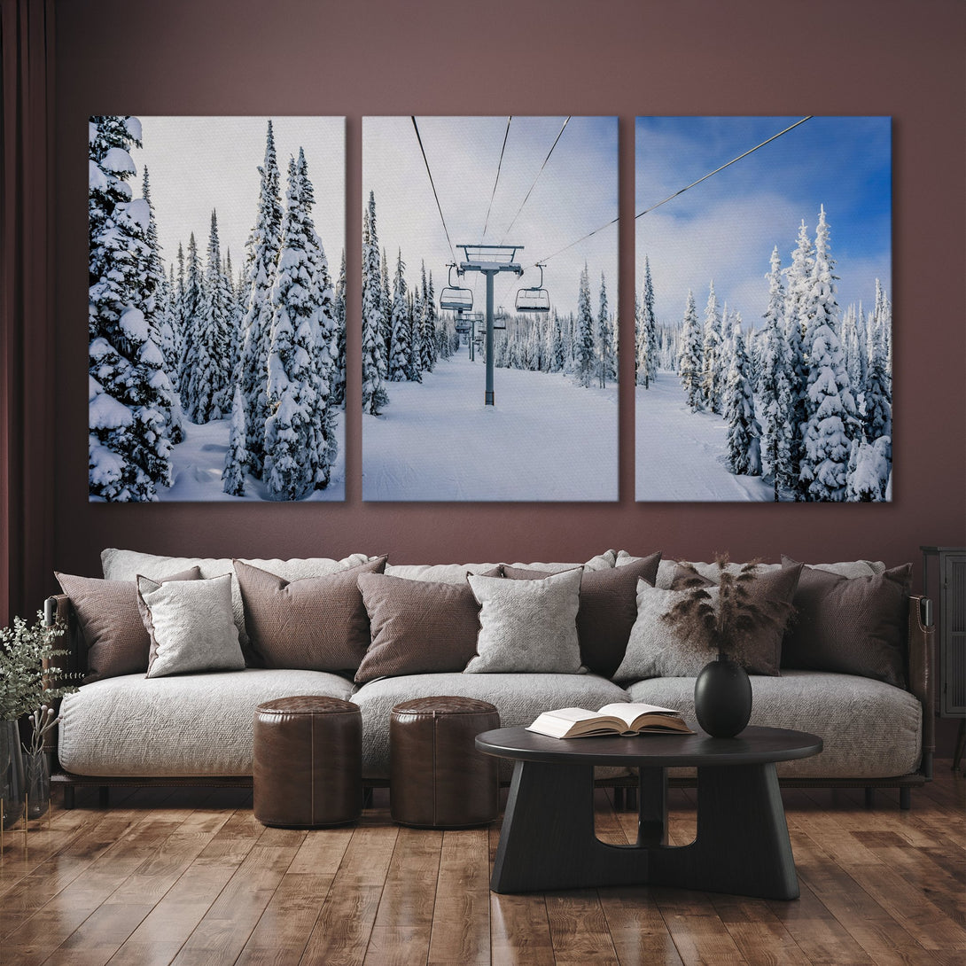 Canvas Print of snowy ski slope scene with trees and chairlift. Cool blue, white, and gray tones create a serene winter landscape. Perfect wall art for any home.