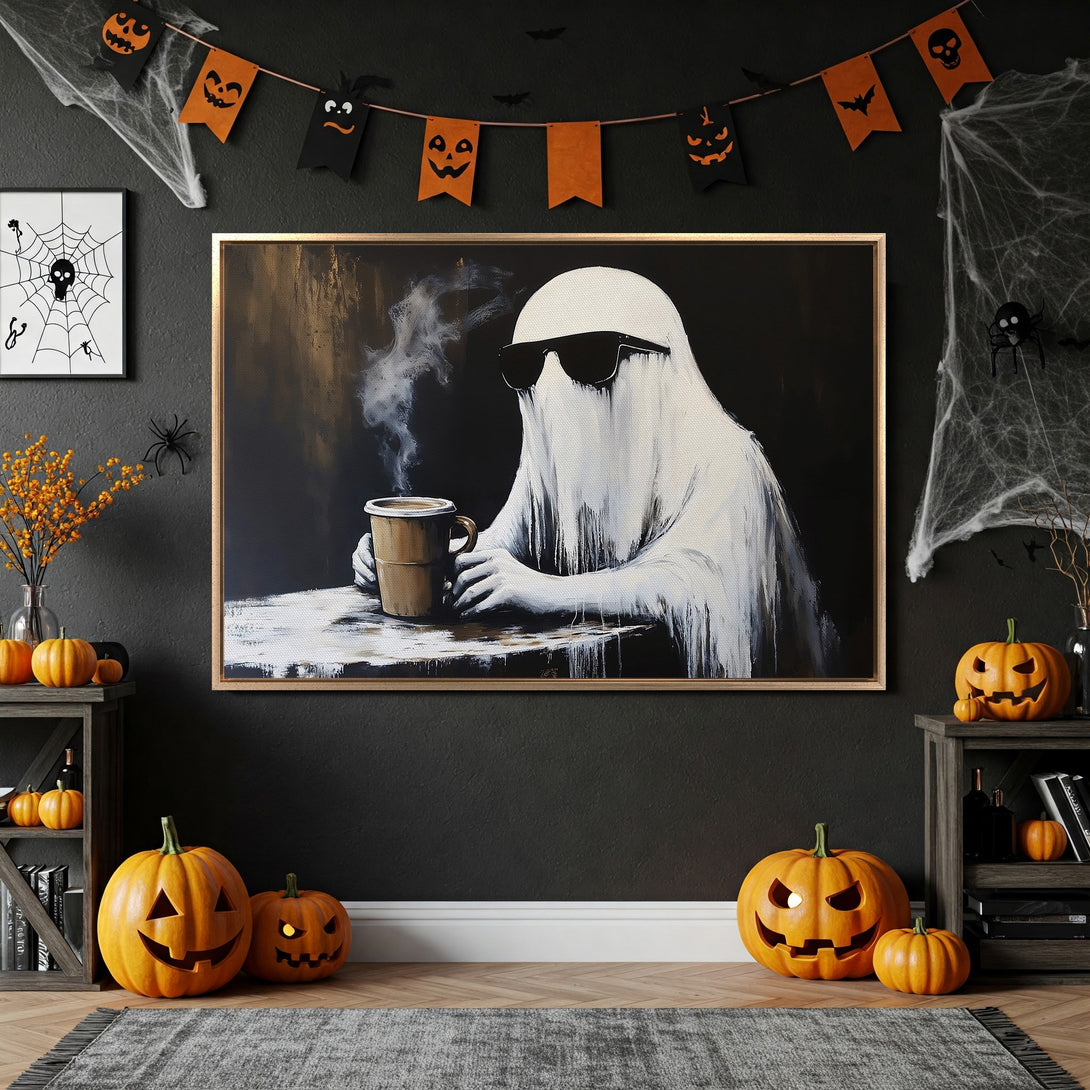 Framed Wall Art: Cool ghost enjoying coffee in a Halloween-themed room. Black, white, and orange color palette. Perfect for spooky season decor!