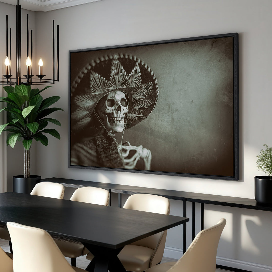 Framed Wall Art: Dia de los Muertos skeleton in sombrero. Vintage-style art with sepia and muted green tones. Perfect for adding a unique touch to your home.