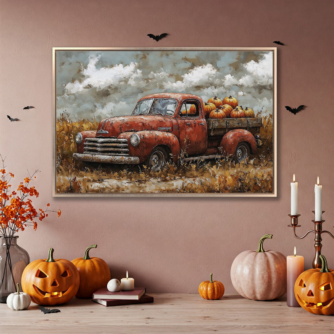 Framed Wall Art: Rustic red truck with pumpkins, impressionist style, warm autumn palette. Perfect for fall decor!