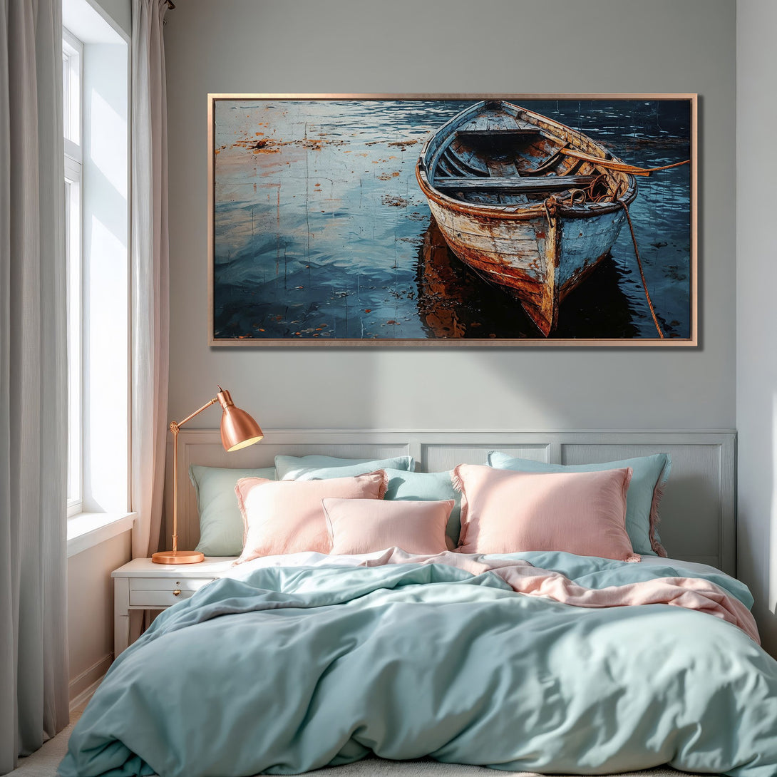 Framed Wall Art: Coastal boat art in blue and orange hues. Perfect for bedroom decor. Add a touch of nautical charm with this canvas print.