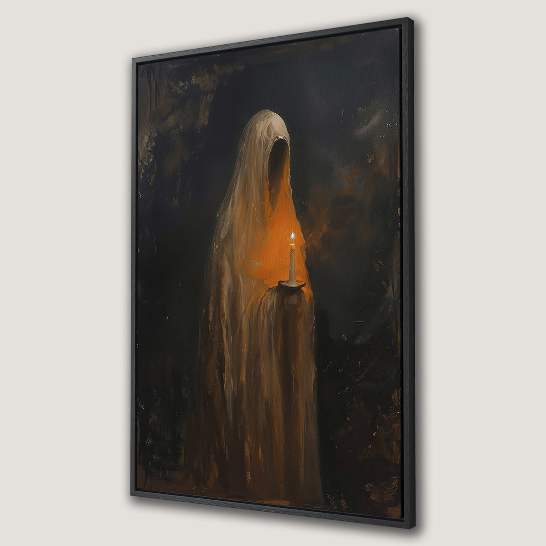 Framed Wall Art: Moody painting of a robed figure holding a candle. Dark, dramatic art with a warm, orange and brown color palette. Perfect for a gothic interior.