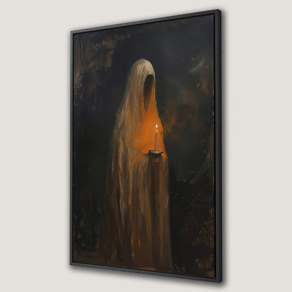 Framed Wall Art: Moody painting of a robed figure holding a candle. Dark, dramatic art with a warm, orange and brown color palette. Perfect for a gothic interior.