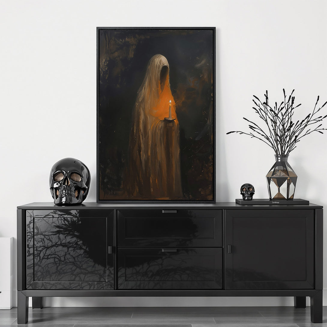 Framed Wall Art featuring a ghostly figure with a candle, in a dark, moody style with a warm orange and black color palette. Perfect for Halloween decor!
