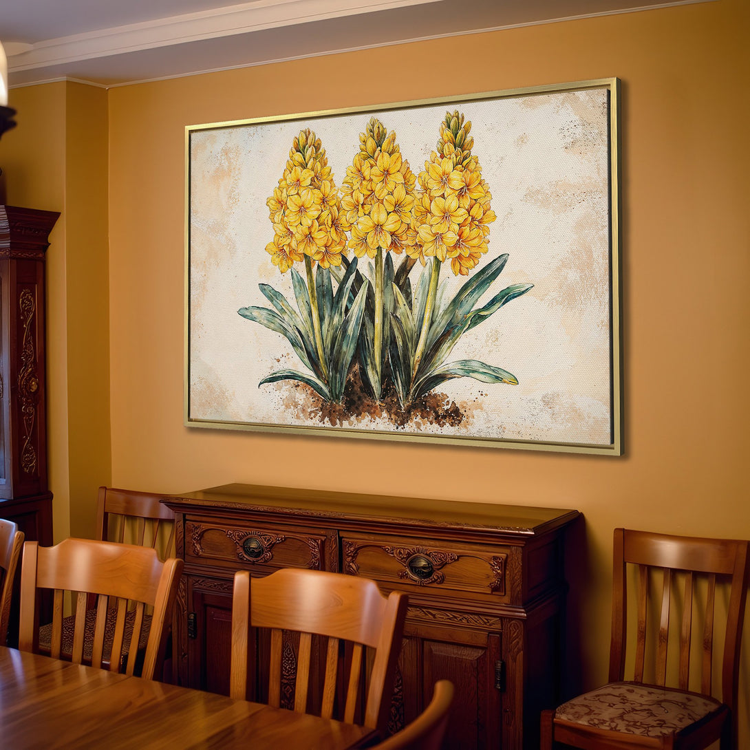 Canvas Print of yellow flower art in a warm, neutral-toned living room. Botanical art with a vintage, rustic style.