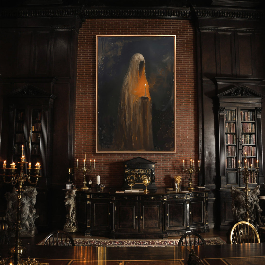 Framed Wall Art: Gothic portrait of a cloaked figure with a candle, in a dark, moody interior. Features a warm, earthy color palette. Perfect for a dramatic space.