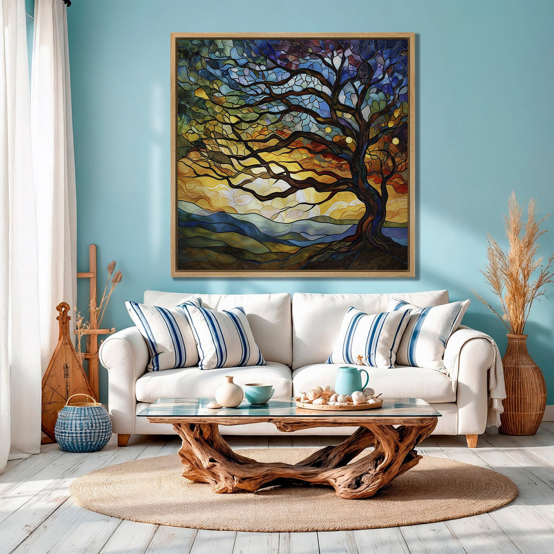 Framed Wall Art: Stained glass tree art with a warm, vibrant color palette. Perfect for living room decor. Bring nature's beauty indoors with this stunning Canvas Print!