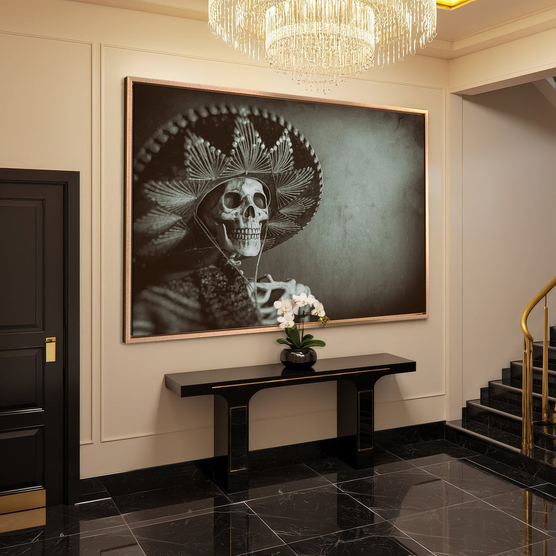 Framed Wall Art featuring a skeleton in a sombrero, displayed in a luxury interior. Monochromatic color palette, perfect for a statement piece.