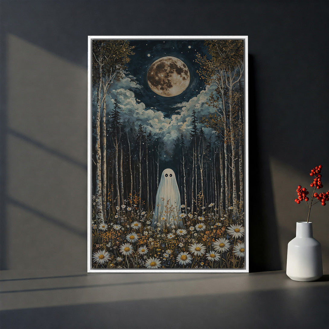 Framed Wall Art: Spooky ghost in a moonlit forest. Vintage style, teal, brown, and white color palette. Perfect for Halloween decor!