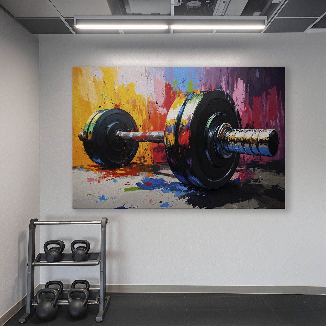 Framed Wall Art: Abstract dumbbell art with vibrant colors. Perfect for a gym or home decor. Bold, colorful canvas print.