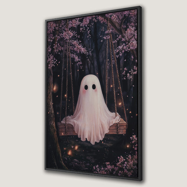Framed Wall Art featuring a whimsical ghost on a swing in a dreamy forest. Soft pink and dark green color palette, perfect for adding a touch of magic.