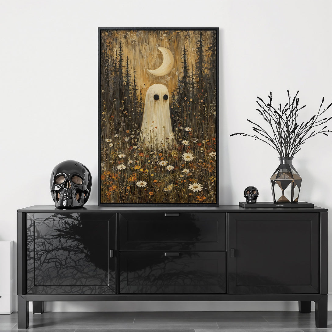 Framed Wall Art featuring a whimsical ghost in a forest scene. Warm color palette with gold, orange, and brown tones. Perfect Halloween decor or unique gift.