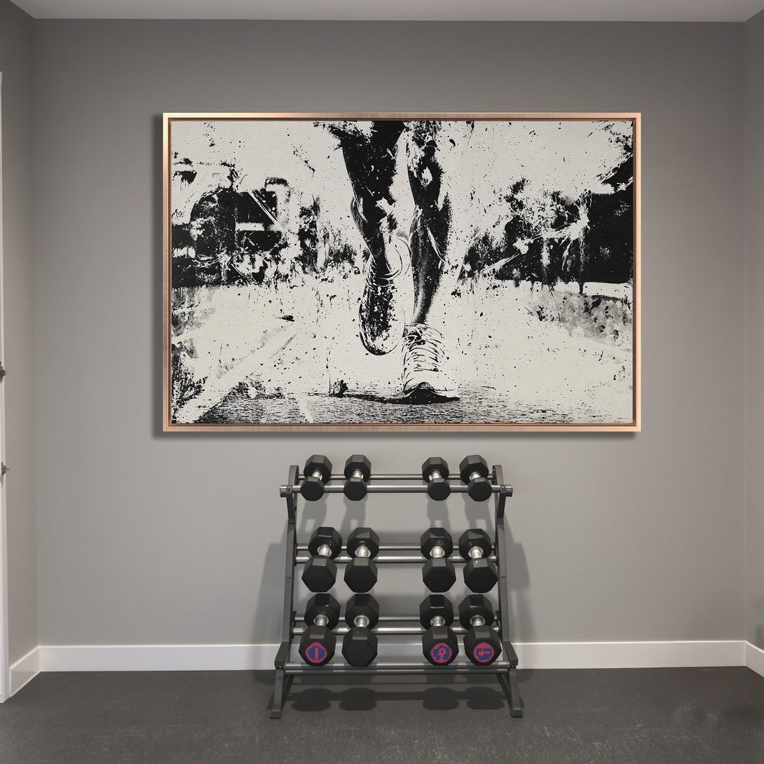 Framed Wall Art: Abstract running figure in black and white. Modern art canvas print adds a stylish touch to any home gym or workout space.