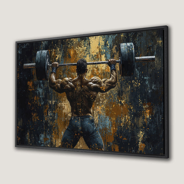 Framed Wall Art: Abstract weightlifter canvas print in a dark, moody palette of black, gold, and brown. Perfect for gym or home decor.