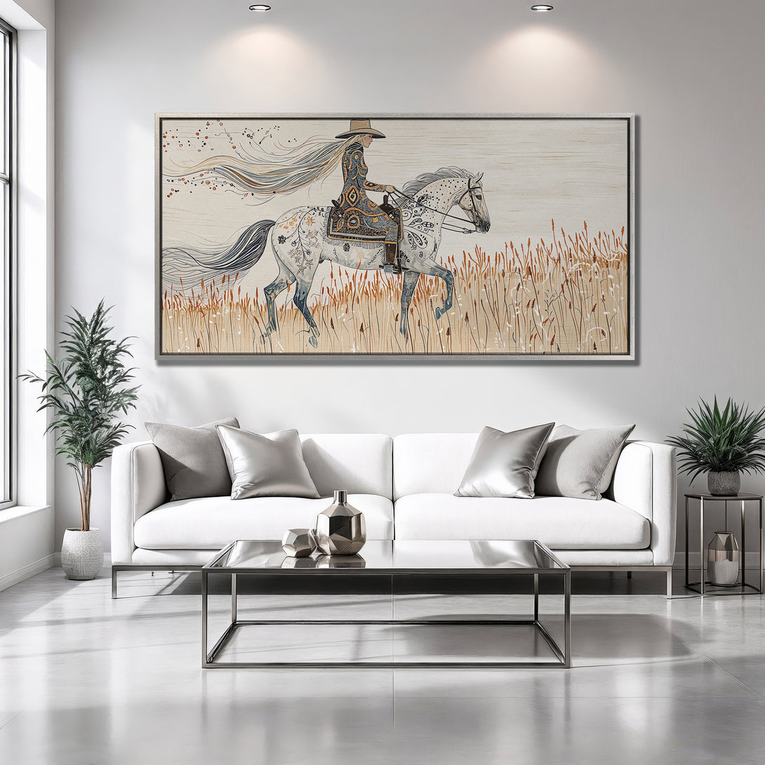 Framed Wall Art: Western-style canvas print of a woman riding a horse. Neutral color palette, bohemian style, perfect for living room decor.