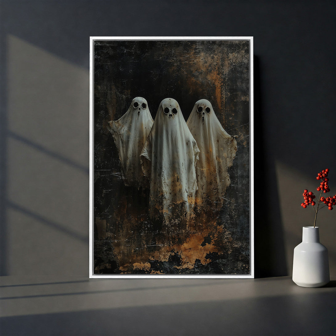 Framed Wall Art: Spooky ghost art in a dark, moody style. Features a haunting trio in white against a textured black and gold canvas print. Perfect Halloween decor!