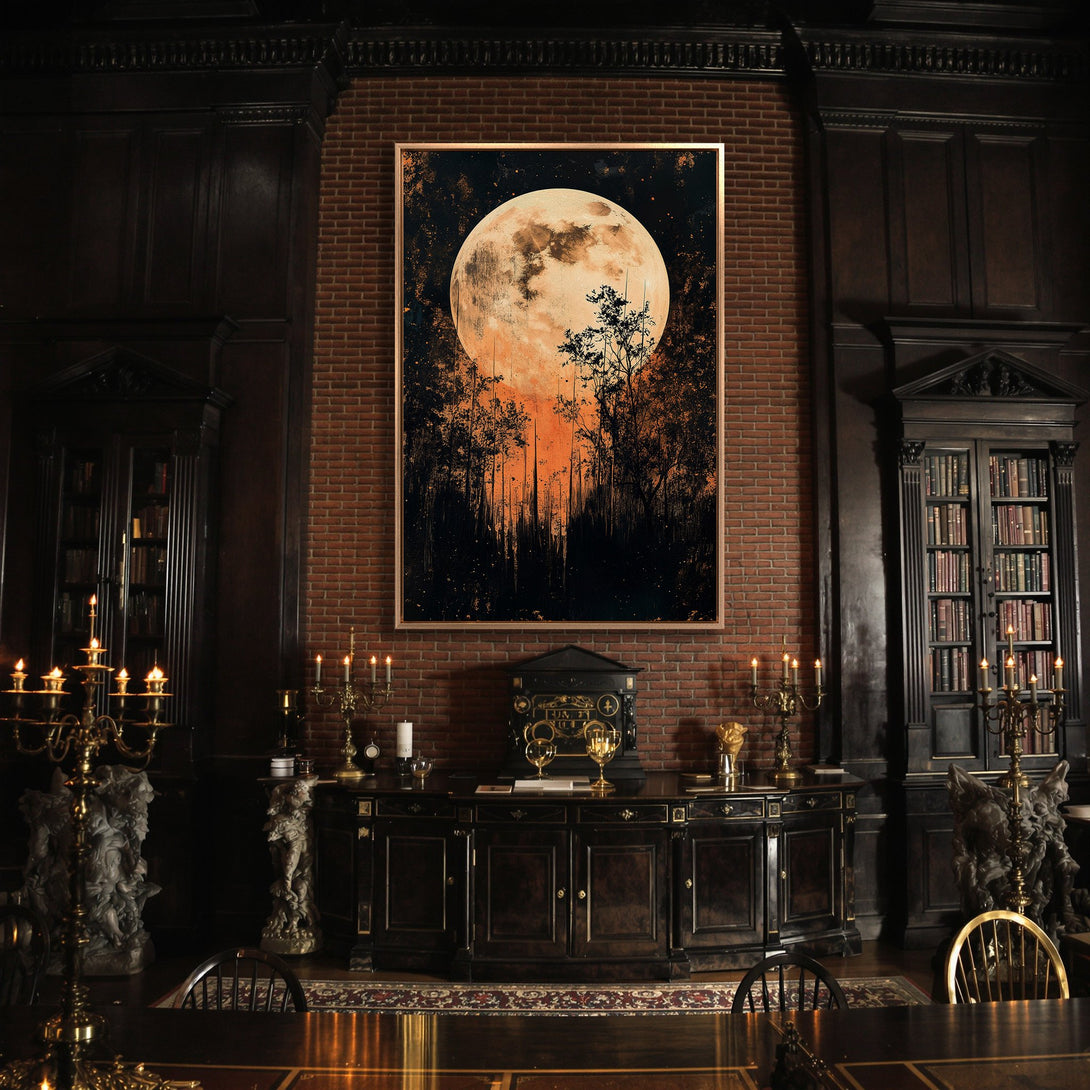 Framed Wall Art featuring a dramatic moonlit forest scene in black and orange tones, perfect for adding an artistic touch to any room.