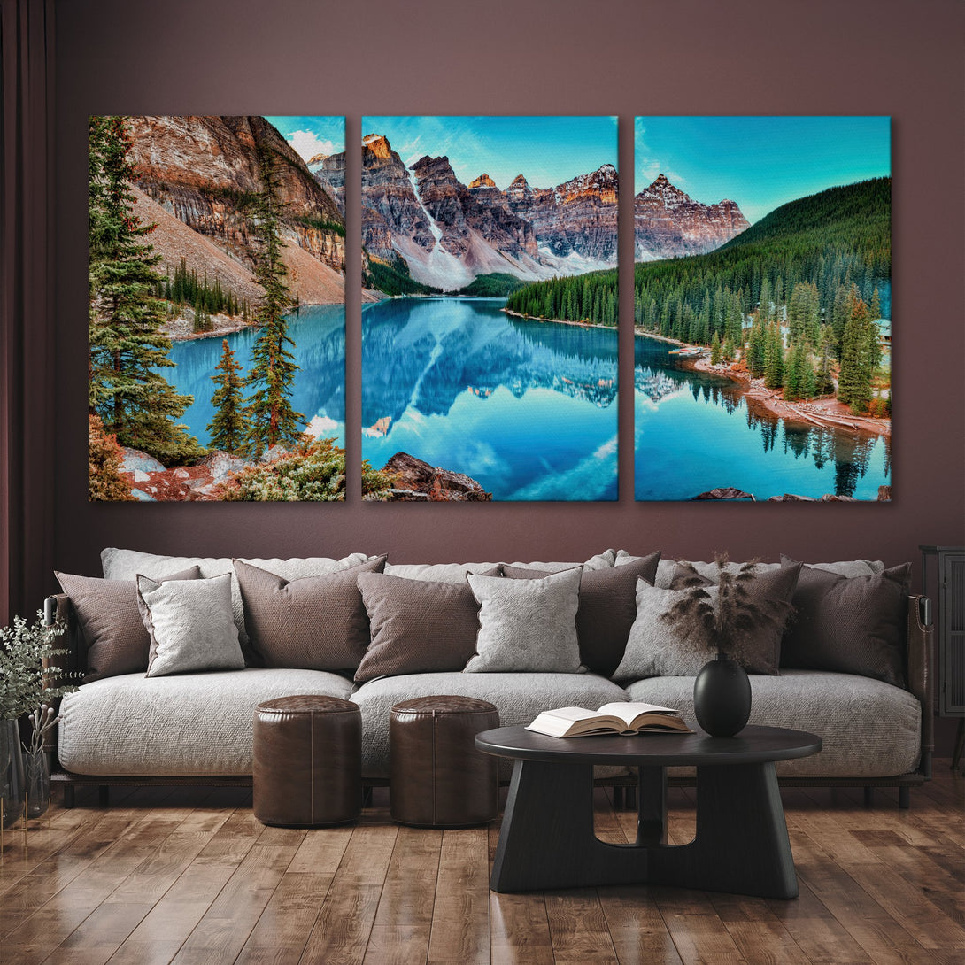 Canvas Print of stunning mountain lake scene with vibrant blue, green, and brown tones. Perfect nature-inspired wall art for your home.