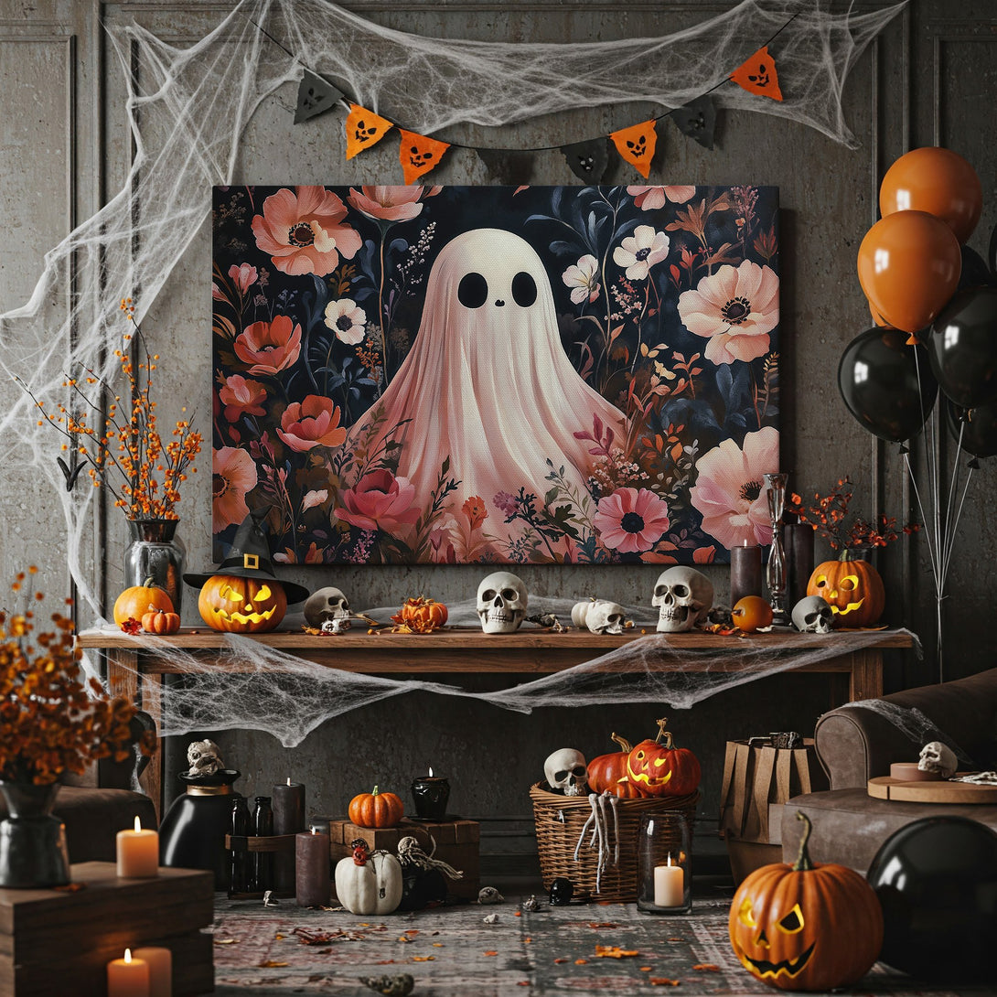 Framed Wall Art: Spooky ghost in floral design. Dark, moody color palette with pink and red flowers. Halloween decor.