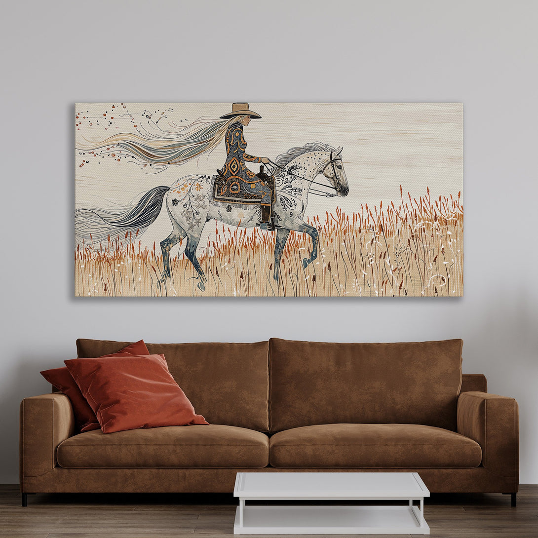 Framed Wall Art: Bohemian style canvas print of a woman on a horse, warm neutral color palette. Perfect for adding a touch of elegance to your home decor.