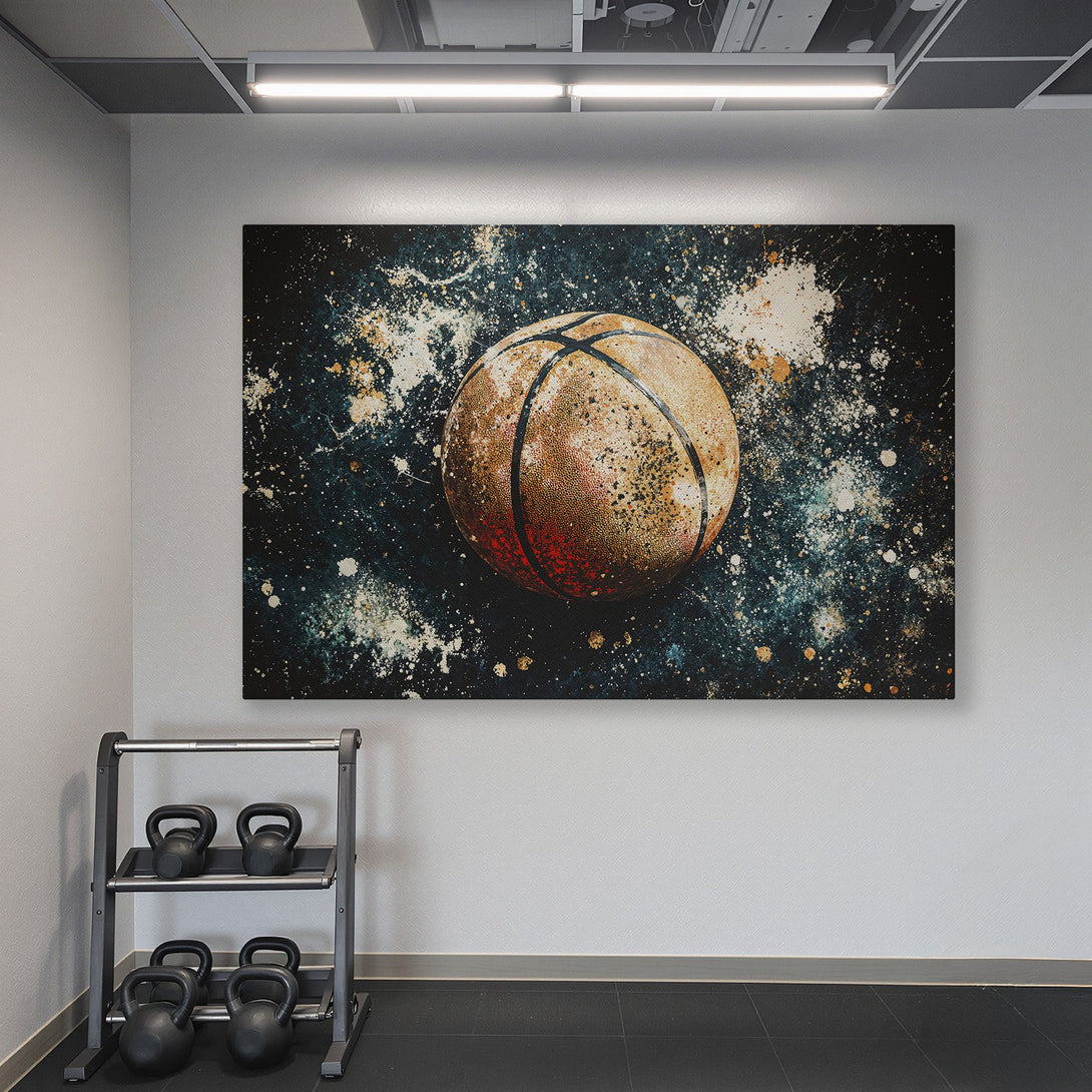 Framed Wall Art: Abstract basketball art in a gym with teal walls. Modern style, earthy tones with splashes of color. Elevate your space!
