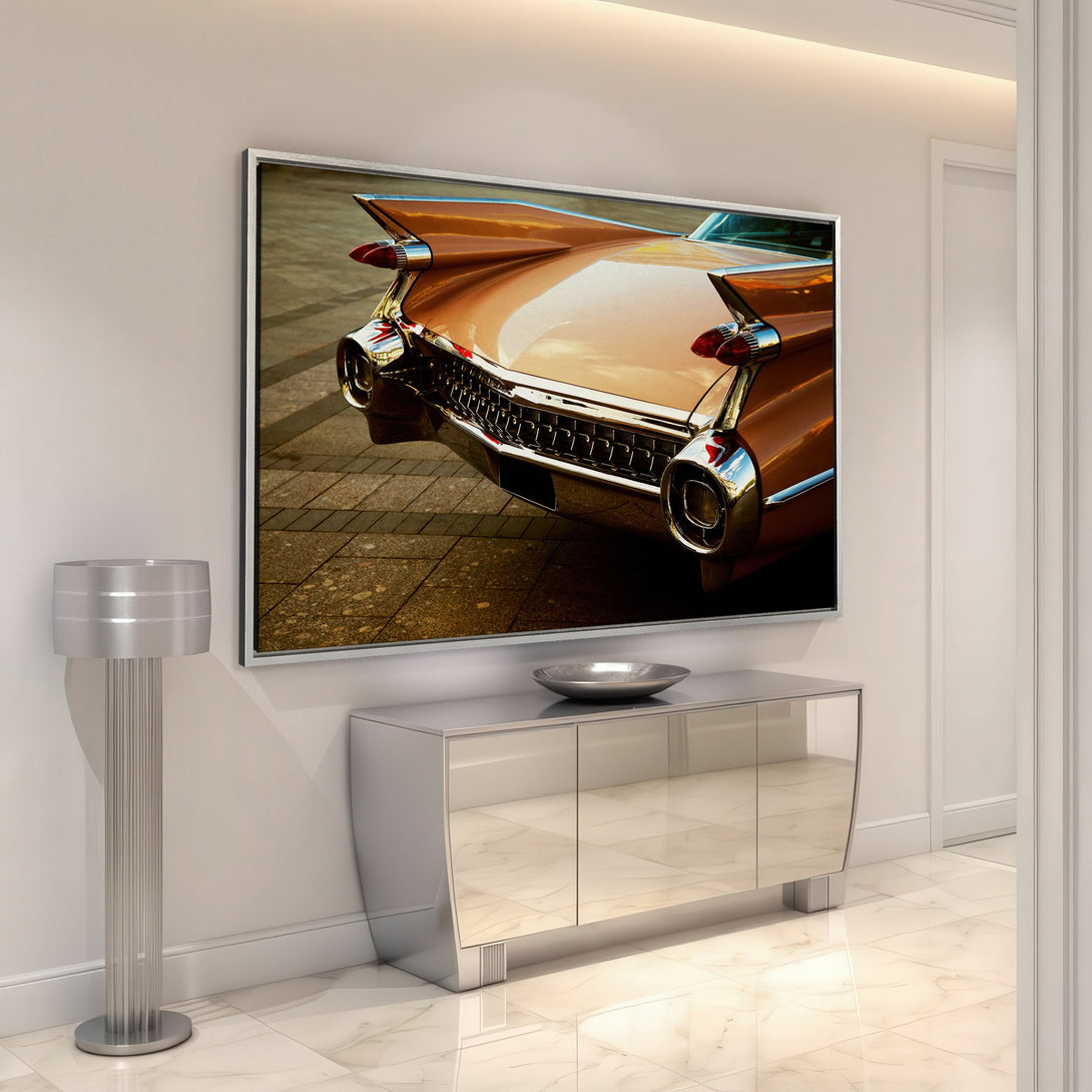 Framed Wall Art: Classic car tail light art print in warm gold and brown tones. Perfect for vintage decor and adding a touch of luxury.