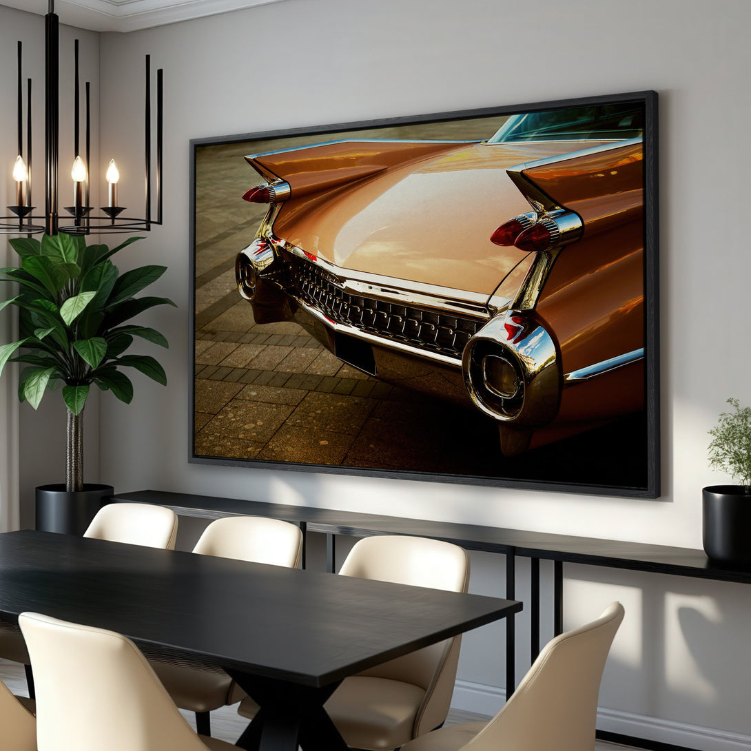 Framed Wall Art: Classic car tail detail in warm tones. Stylish canvas print adds vintage flair to any room. Perfect for car enthusiasts!