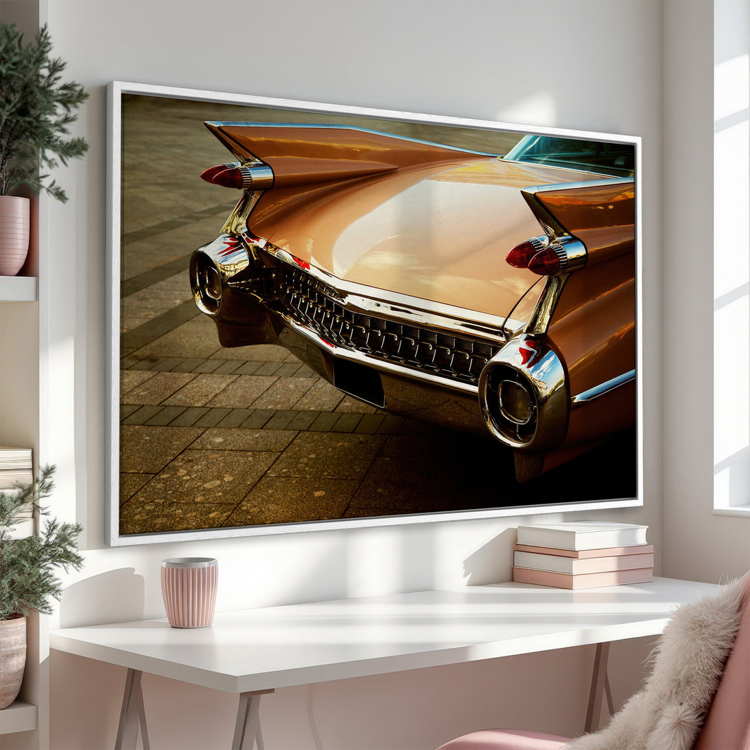 Framed Wall Art: Classic car tail detail. Warm, vintage-inspired canvas print with a retro aesthetic and bronze, chrome, and red color palette. Perfect for any space.